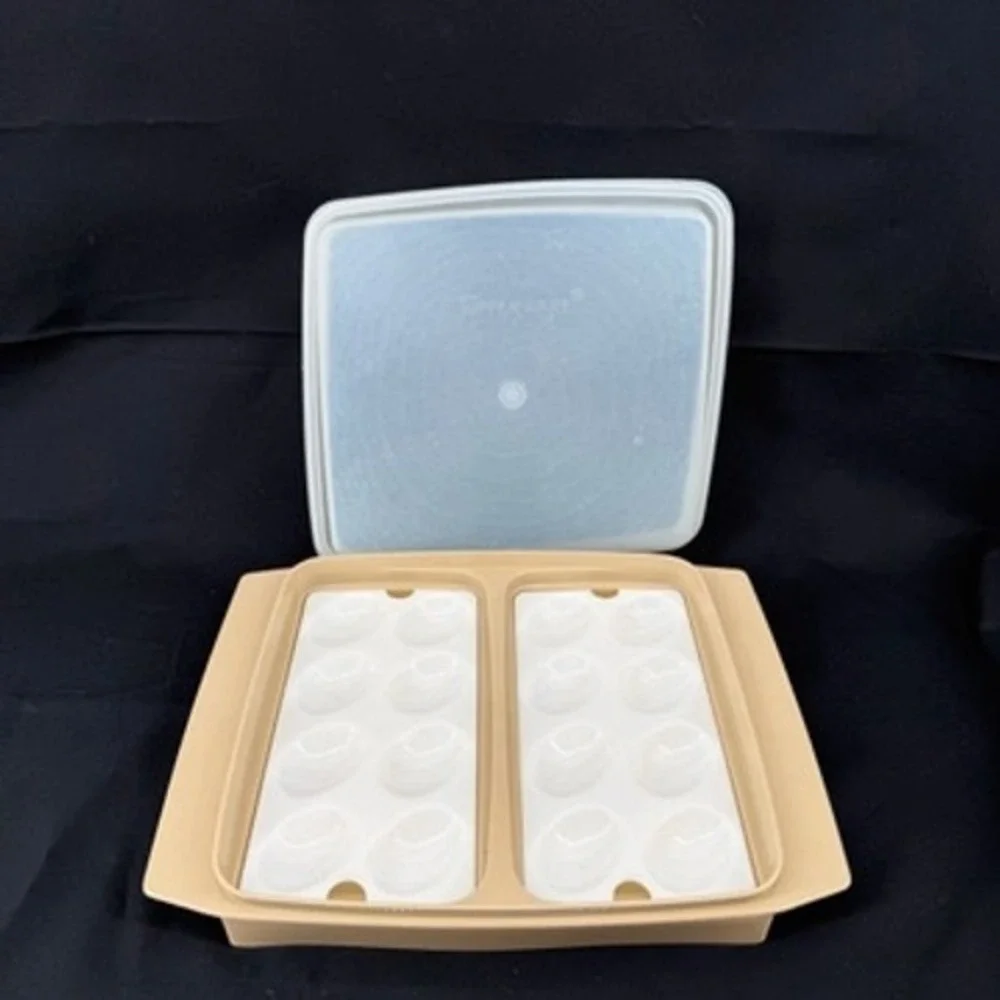 Vintage Tupperware Deviled Egg Keeper 723 Almond Beige 16 Slot Carrier with Lid